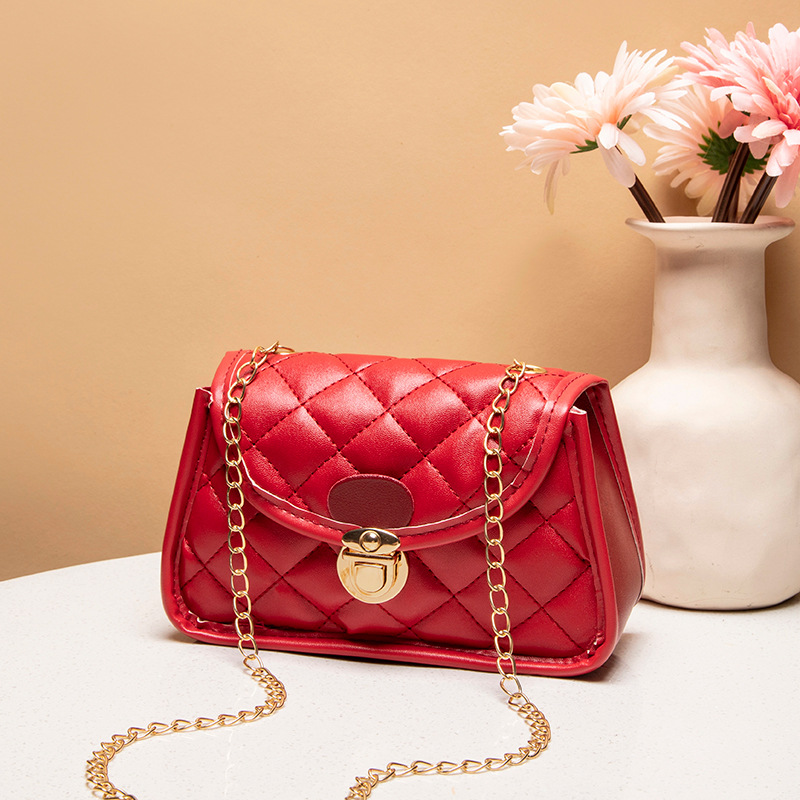 Embroidered Diamond Quilted Mini Square Crossbody Bag with Chain Strap