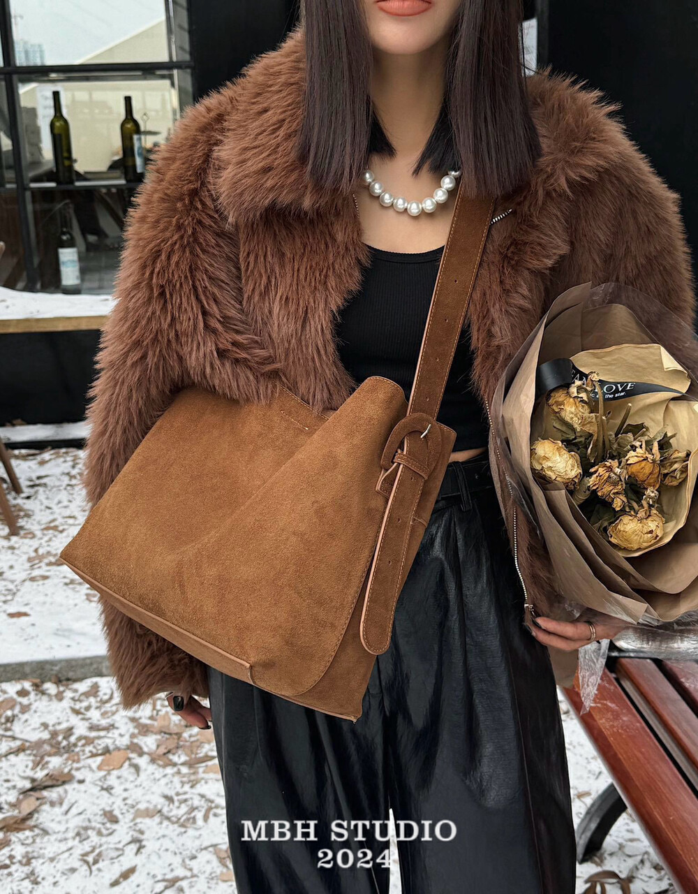 MBH Winter Frosted Leather Vintage Large Capacity Commuter Tote Shoulder Bag with Strap