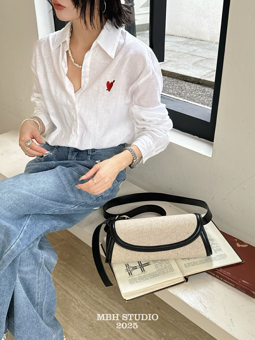 MBH Canvas and Cowhide Baguette Bag Casual Cylinder Crossbody Shoulder Bag