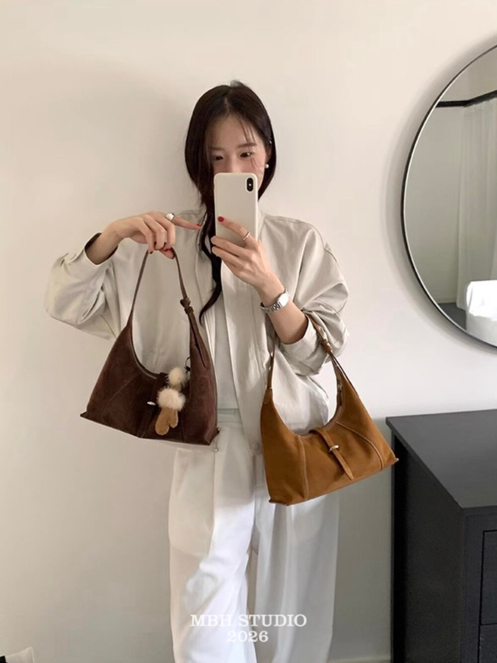 MBH Top Grain Leather Designer Hobo Bag Minimalist Crescent Shoulder Bag